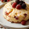 A slice of moist yogurt cake on a white plate, pale golden crumb, a dusting of powdered sugar, fresh berries on the side, in natural light on a wooden board, clean minimalist backdrop.