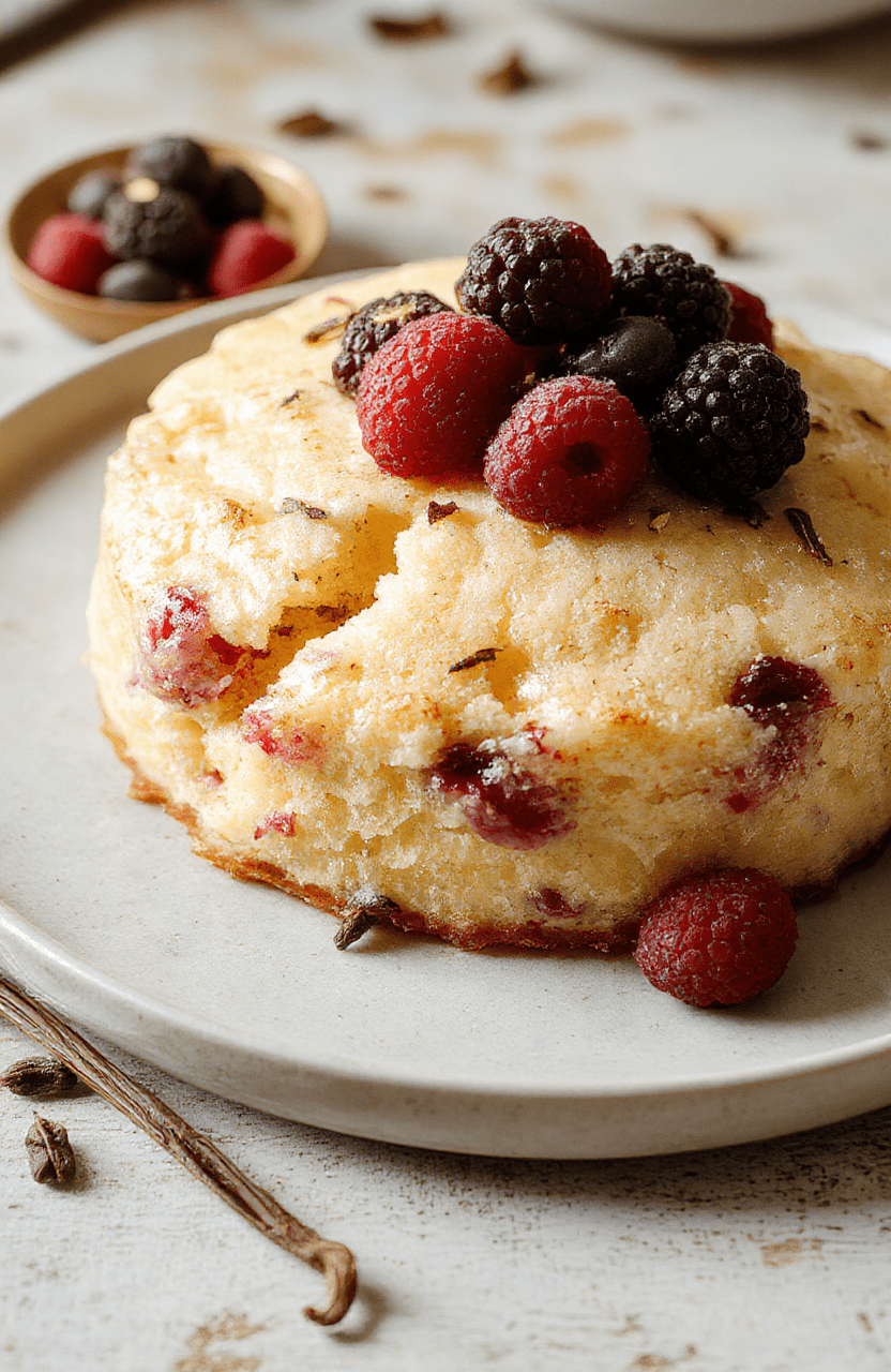 A slice of moist yogurt cake on a white plate, pale golden crumb, a dusting of powdered sugar, fresh berries on the side, in natural light on a wooden board, clean minimalist backdrop.