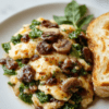 A close-up of a bright plate featuring fluffy scrambled eggs folded with sautéed mushrooms and wilted spinach, flecks of black pepper and chopped parsley, with toasted bread on the side on a white plate.
