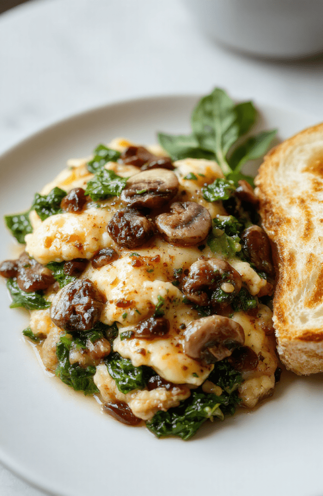 A close-up of a bright plate featuring fluffy scrambled eggs folded with sautéed mushrooms and wilted spinach, flecks of black pepper and chopped parsley, with toasted bread on the side on a white plate.