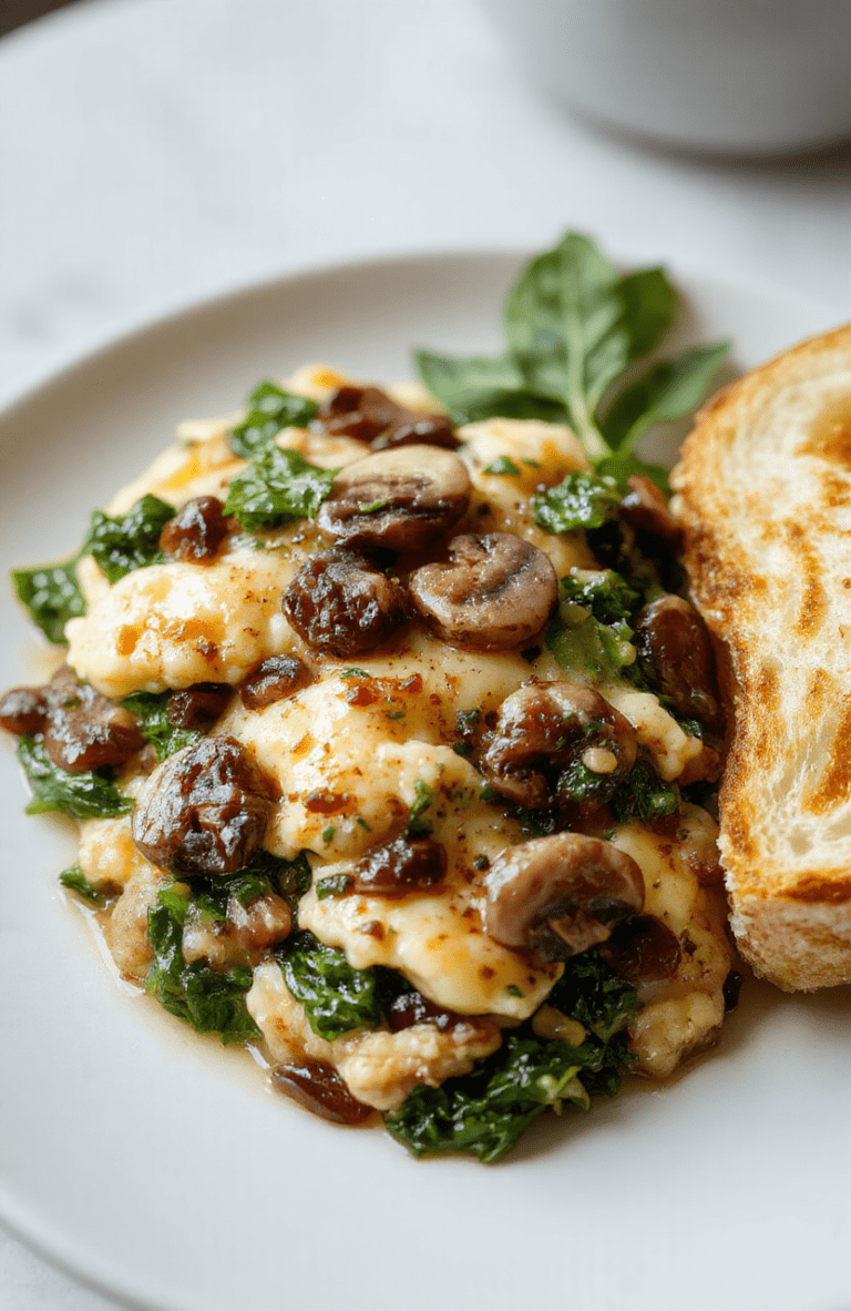 A close-up of a bright plate featuring fluffy scrambled eggs folded with sautéed mushrooms and wilted spinach, flecks of black pepper and chopped parsley, with toasted bread on the side on a white plate.