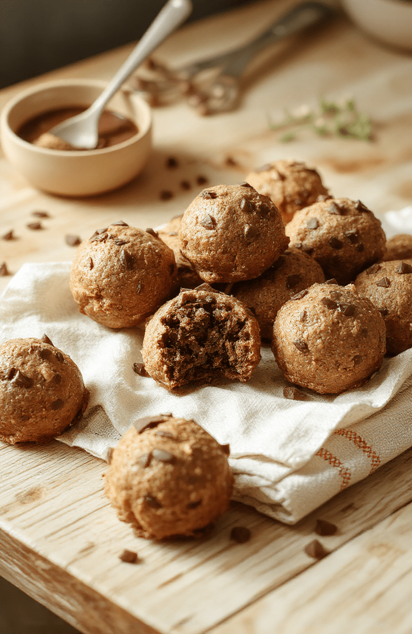A plate of no-bake cookie dough truffles arranged on a pristine white marble board, dusted with cocoa powder and scattered mini chocolate chips. The truffles reveal a creamy, pale center with a glossy chocolate shell, set against a warm, cozy kitchen backdrop with soft shadows and a touch of vanilla bean vignetting.