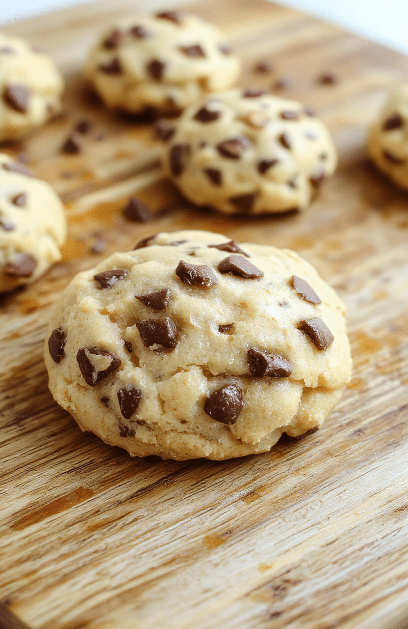 A small bowl filled with light brown, soft, crumbly cookie dough studded with creamy chocolate chips and bits of toasted walnuts, placed on a rustic wooden cutting board with a sprinkle of powdered sugar and a stainless steel spoon resting nearby