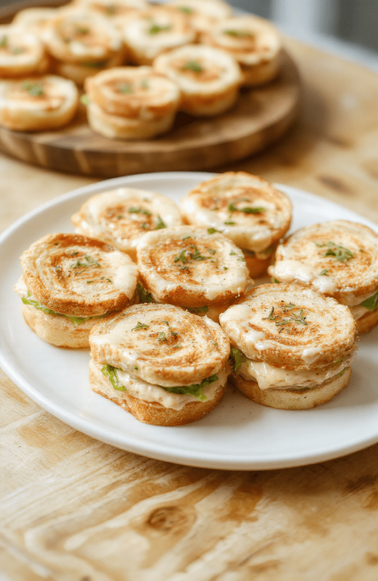 Close-up of bite-sized party mini sandwiches on a white platter with toothpicks, showing tender bread, turkey, cheese, lettuce, and tomato, garnished with herbs; a dab of mayo on the buns and a bright, inviting color palette on a light wooden table.