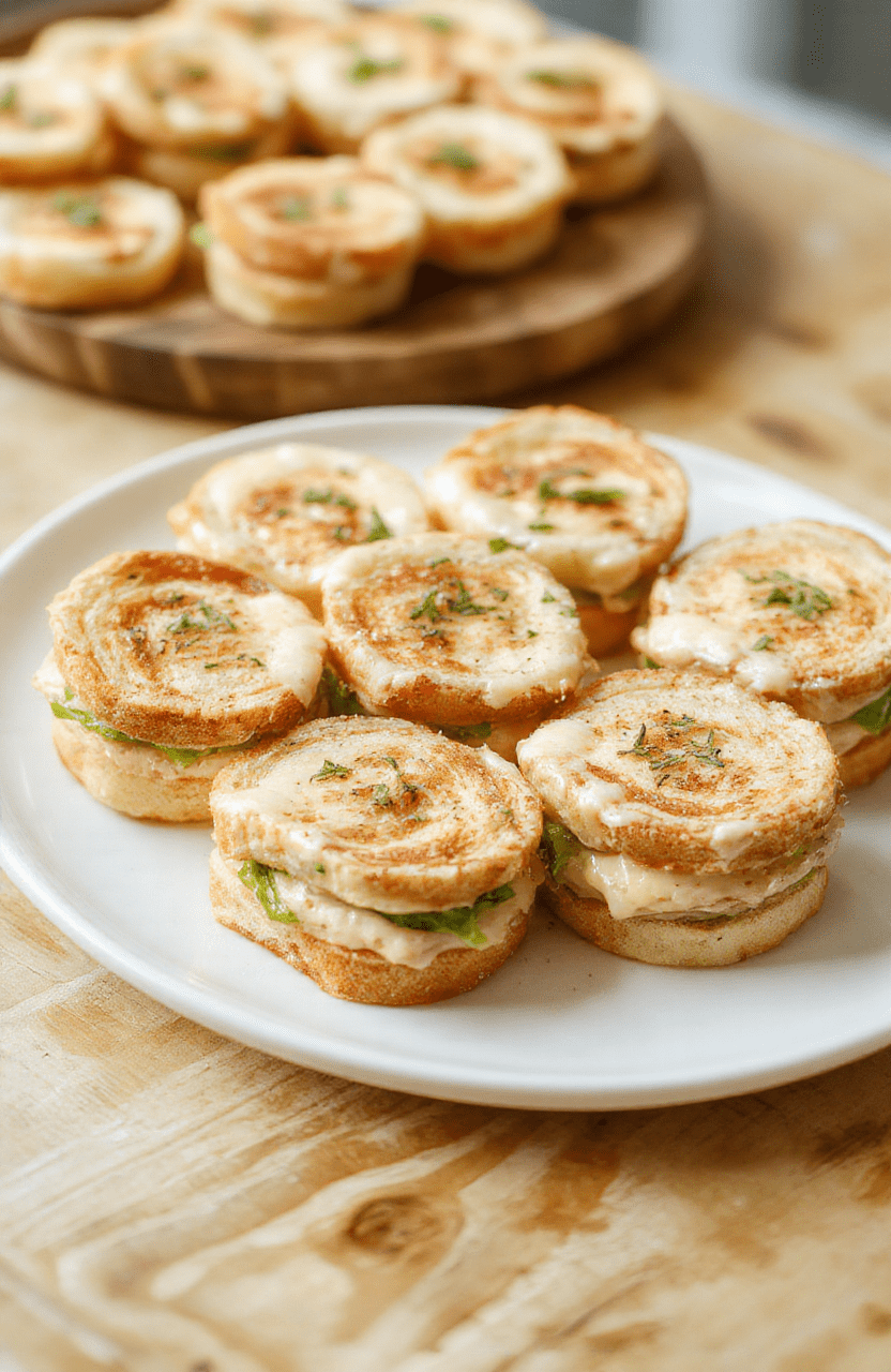 Close-up of bite-sized party mini sandwiches on a white platter with toothpicks, showing tender bread, turkey, cheese, lettuce, and tomato, garnished with herbs; a dab of mayo on the buns and a bright, inviting color palette on a light wooden table.