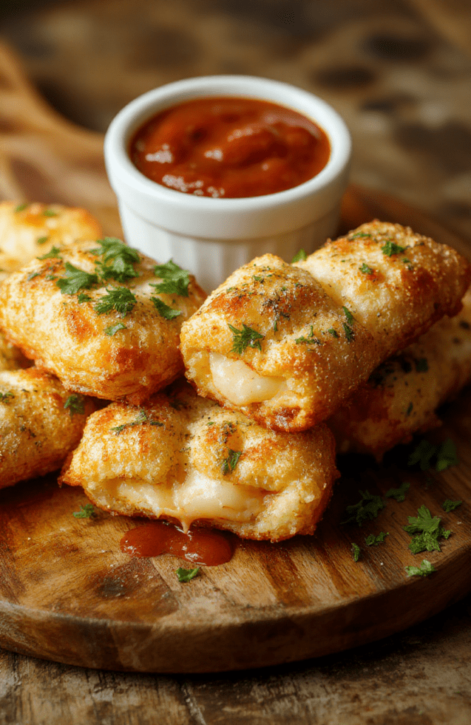 Golden brown crispy cheese sticks with bubbling mozzarella center, arranged on a wooden board with a small bowl of marinara, sprinkled with Parmesan and parsley for a rustic family-friendly presentation.