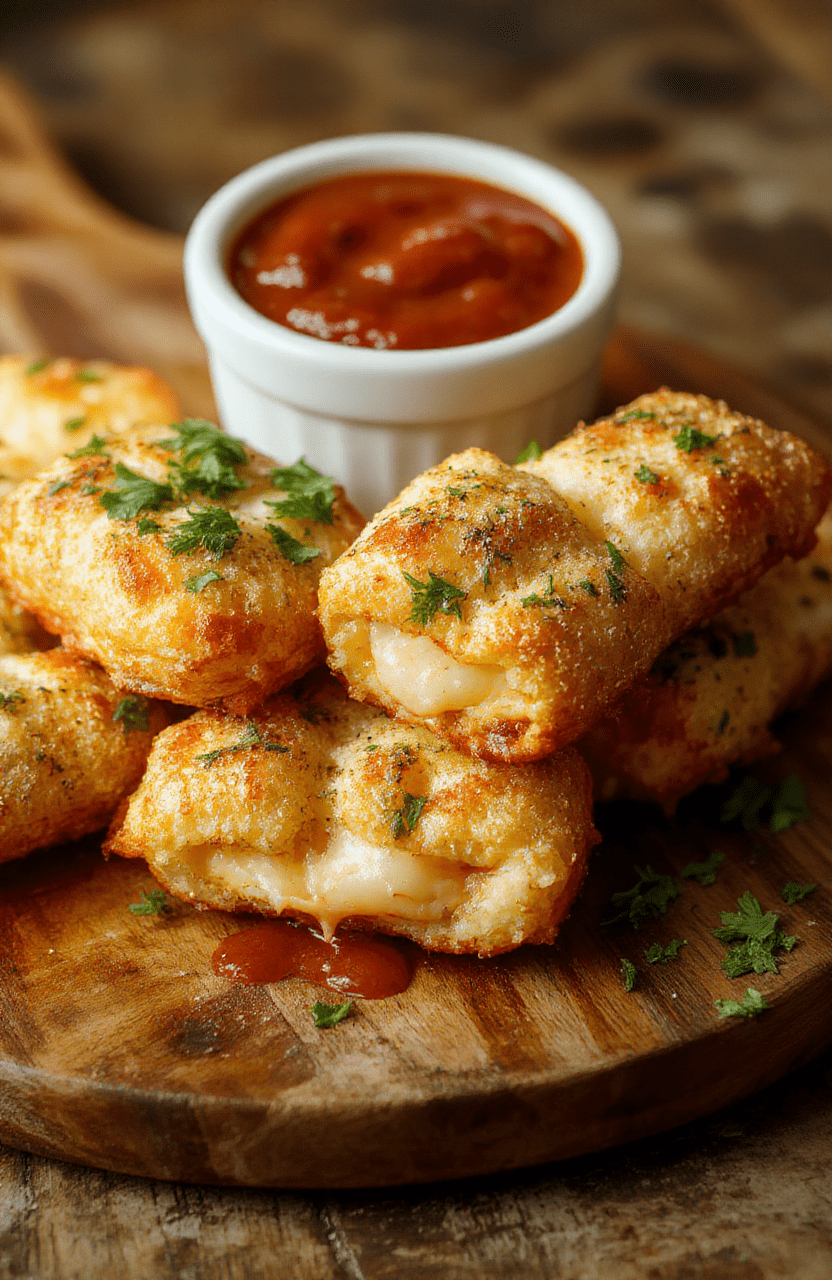 Golden brown crispy cheese sticks with bubbling mozzarella center, arranged on a wooden board with a small bowl of marinara, sprinkled with Parmesan and parsley for a rustic family-friendly presentation.
