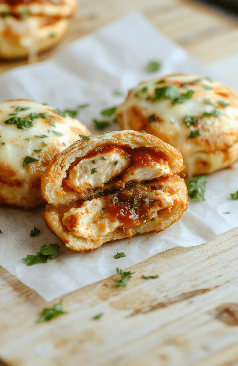 Golden-brown crispy pizza hot pockets on a light wooden board, one pocket sliced open to reveal melty mozzarella, diced chicken, and bright marinara filling. The crust shows a slight blister, with a dusting of oregano and a few fresh basil leaves for color. Served with a small bowl of marinara and parchment paper peeking from the edge.