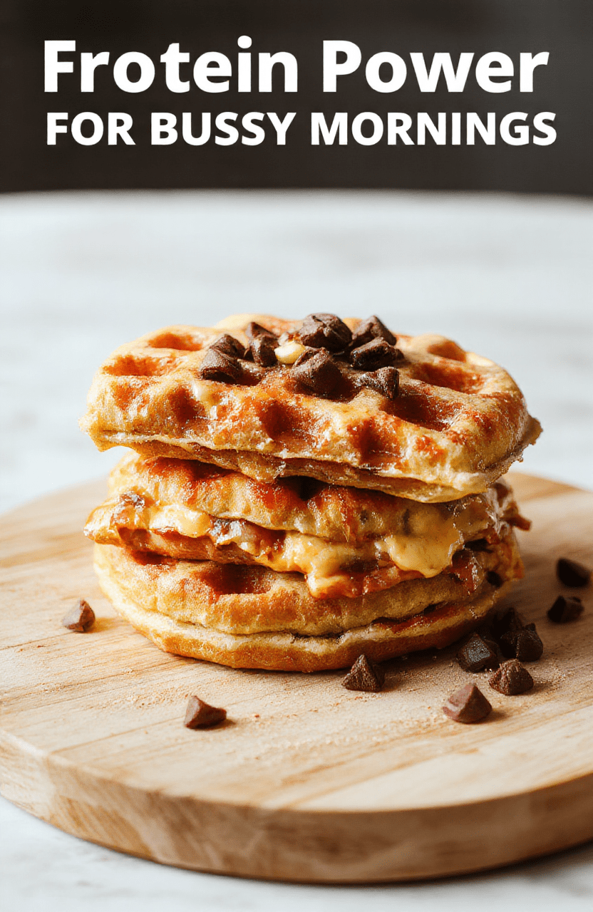 A protein waffle sandwich plated on a light wooden board, two golden-brown waffles hugging a fluffy egg and turkey filling, melted cheese oozing slightly, a side of mixed berries and a drizzle of yogurt-herb sauce. The plating is clean and modern with a sprinkle of chopped chives, natural daylight highlighting textures and crisp edges.