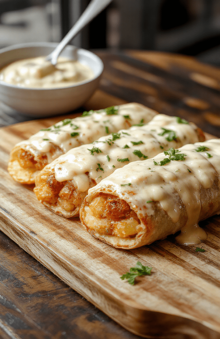 A plate of Easy Cheesy Potato Burritos on a rustic wooden board. The burritos are wrapped in golden tortillas with gooey melted cheddar peeking through, flecks of red onion and green pepper visible, and a light drizzle of salsa on the side. Fresh cilantro adds a pop of green. Warm, inviting lighting highlights the crispy edges and creamy potato filling.