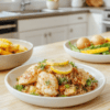 Plate featuring lean lemon-garlic chicken, fluffy quinoa, and bright roasted broccoli and peppers, garnished with lemon zest on a white plate, set on a light wooden board with a sprinkle of herbs, vibrant colors, textures of crisp veggies, tender chicken, and fluffy quinoa.