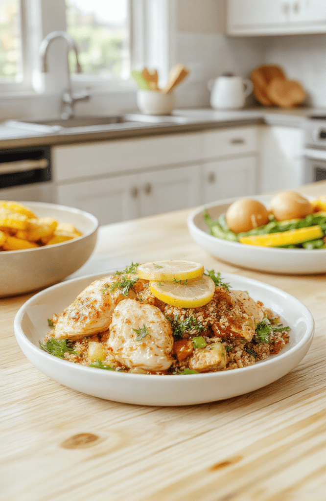 Plate featuring lean lemon-garlic chicken, fluffy quinoa, and bright roasted broccoli and peppers, garnished with lemon zest on a white plate, set on a light wooden board with a sprinkle of herbs, vibrant colors, textures of crisp veggies, tender chicken, and fluffy quinoa.