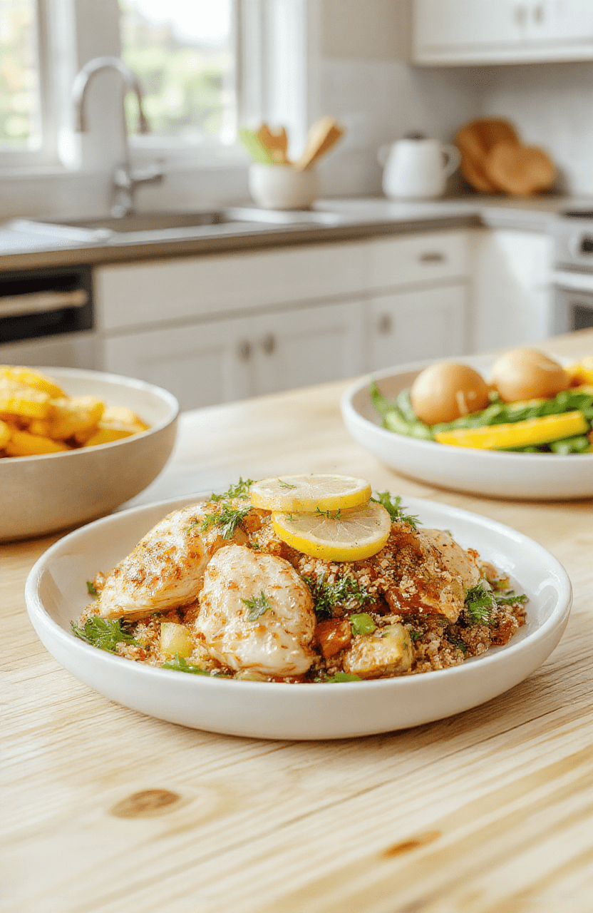 Plate featuring lean lemon-garlic chicken, fluffy quinoa, and bright roasted broccoli and peppers, garnished with lemon zest on a white plate, set on a light wooden board with a sprinkle of herbs, vibrant colors, textures of crisp veggies, tender chicken, and fluffy quinoa.