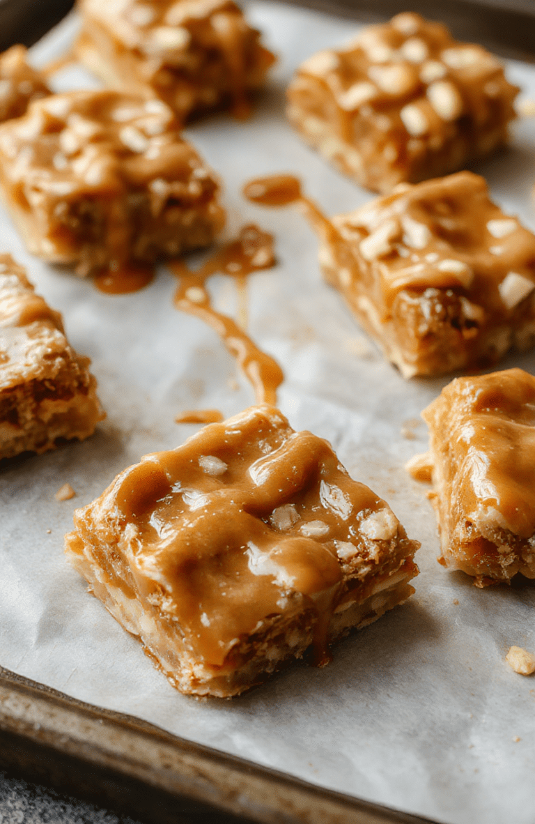 Golden brown salted caramel shortbread bars arranged on a light wooden cutting board. The bars showcase a crisp, buttery crust with a glossy caramel layer, a light sprinkle of flaky sea salt, and a drizzle of chocolate on the side. A few bars lean against each other, with a dusting of powdered sugar and a small knife nearby, all styled on a neutral linen cloth.