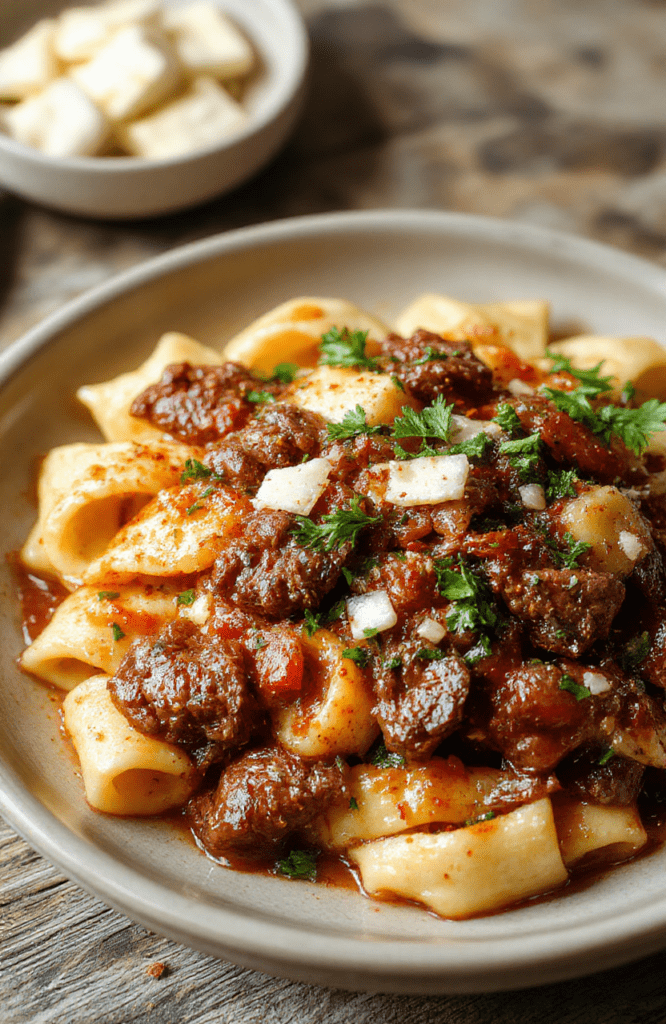 A steaming skillet of Savory Beef & Garlic Pasta with al dente noodles coated in a glossy tomato-garlic sauce, browned ground beef, fresh parsley, and parmesan shavings. The dish rests on a warm wooden table, a drizzle of olive oil catching the light, with red pepper flakes for color.