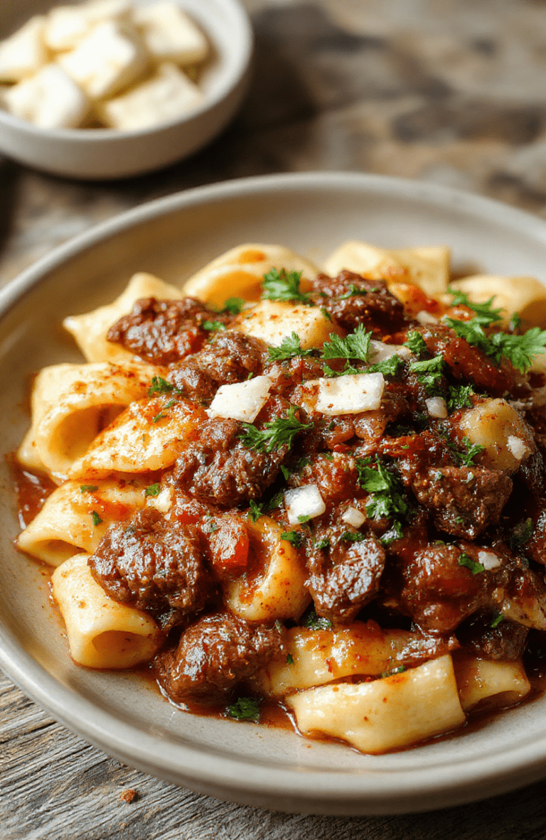 A steaming skillet of Savory Beef & Garlic Pasta with al dente noodles coated in a glossy tomato-garlic sauce, browned ground beef, fresh parsley, and parmesan shavings. The dish rests on a warm wooden table, a drizzle of olive oil catching the light, with red pepper flakes for color.