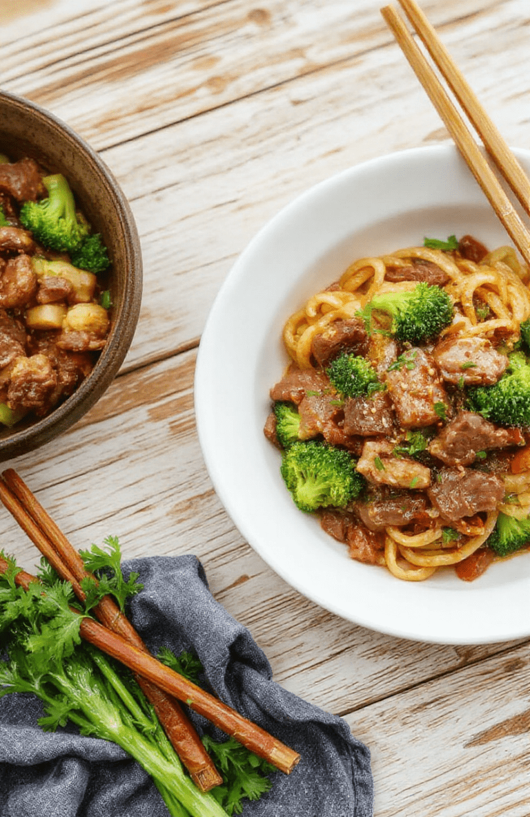 A glossy beef and broccoli lo mein sits in a shallow white bowl on a dark wooden board. Tender beef slices mingle with bright broccoli florets and glossy noodles, all coated in a savory soy glaze. Sesame seeds and sliced scallions add color, while a pair of chopsticks rests at the edge and a light steam rises from the surface.