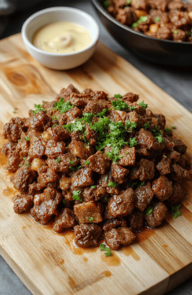 Savory Ground Beef Skillet Budget Dinner in a rustic cast-iron skillet on a wooden table, featuring browned ground beef, sautéed onions and peppers, garlic, and a glossy tomato glaze. Garnished with chopped parsley, the dish exudes homey comfort with steam rising from the pan.
