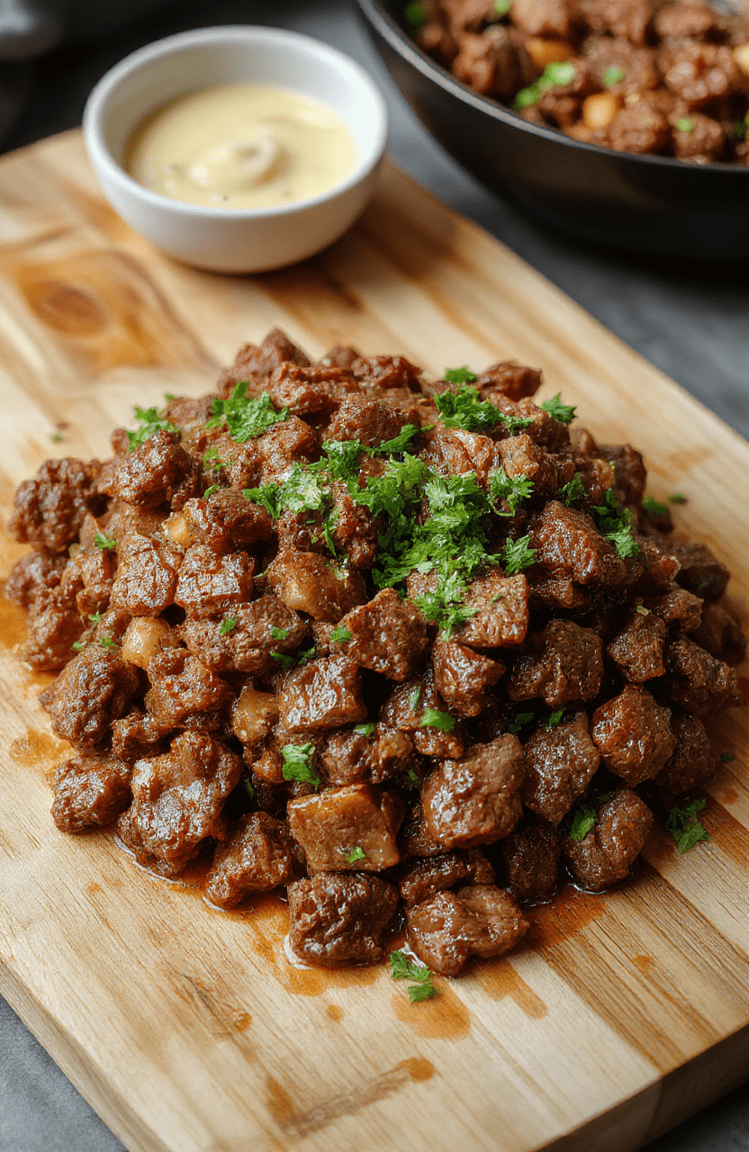 Savory Ground Beef Skillet Budget Dinner in a rustic cast-iron skillet on a wooden table, featuring browned ground beef, sautéed onions and peppers, garlic, and a glossy tomato glaze. Garnished with chopped parsley, the dish exudes homey comfort with steam rising from the pan.