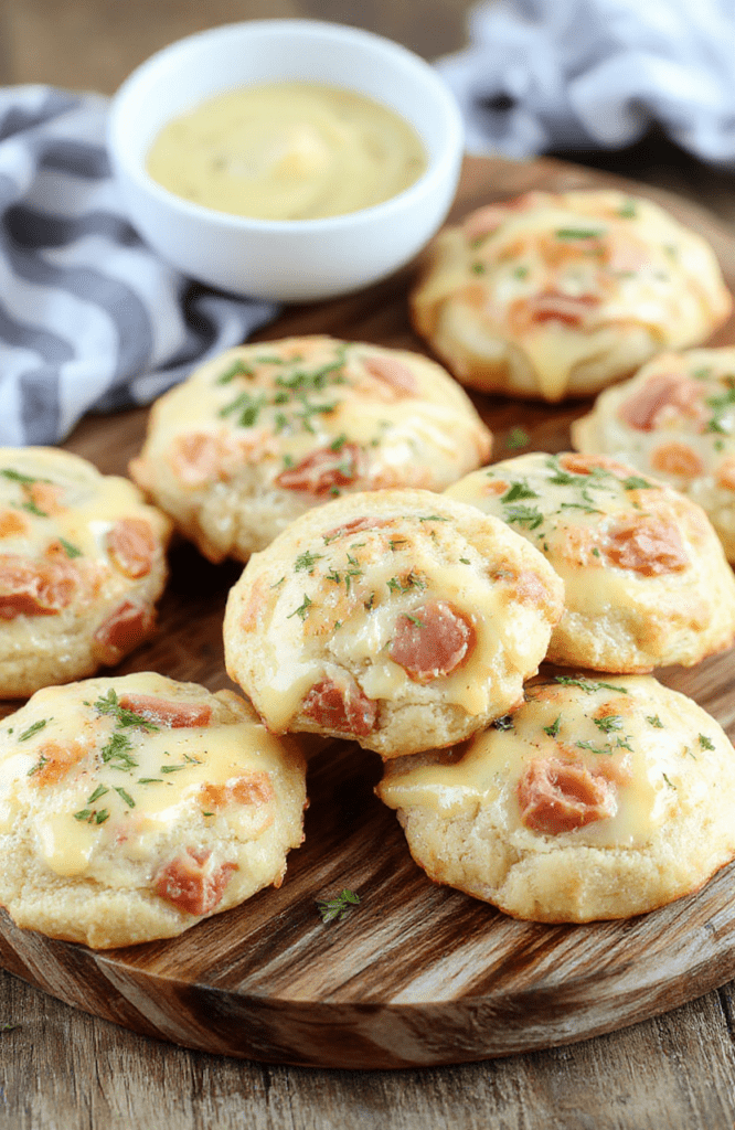 Golden-brown savory ham and cheese cookies on a slate board, flaky butter dough with diced ham and melted cheddar, light herbs, served warm with a small bowl of mustard; rustic wooden table background with soft daylight.