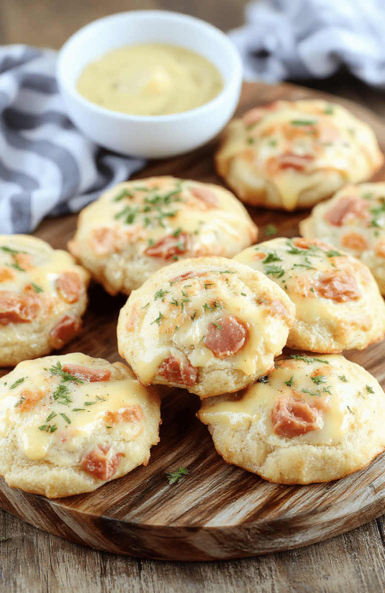 Golden-brown savory ham and cheese cookies on a slate board, flaky butter dough with diced ham and melted cheddar, light herbs, served warm with a small bowl of mustard; rustic wooden table background with soft daylight.