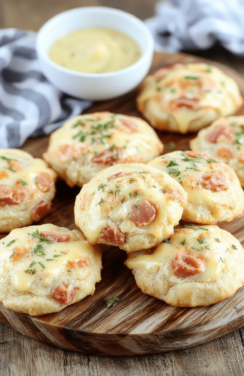 Golden-brown savory ham and cheese cookies on a slate board, flaky butter dough with diced ham and melted cheddar, light herbs, served warm with a small bowl of mustard; rustic wooden table background with soft daylight.