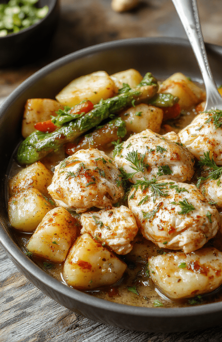Golden brown chicken thighs nestled beside crisp herb potatoes, garnished with fresh rosemary and thyme on a rustic plate. The dish glows with olive oil, lemon zest, and a light pan sauce, set on a wooden table with a sprinkle of herbs for color.