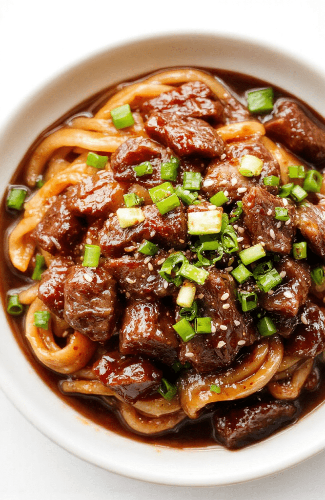 A glossy Mongolian beef noodles dish plated on a white plate, tender beef strips coated in a dark caramelized sauce, tossed with springy noodles, topped with sliced scallions and sesame seeds, a bright garnish of red pepper flakes, presented simply on a light wooden surface.