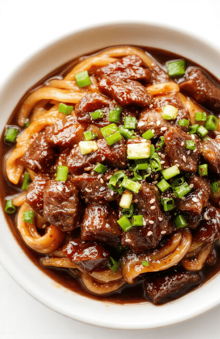 A glossy Mongolian beef noodles dish plated on a white plate, tender beef strips coated in a dark caramelized sauce, tossed with springy noodles, topped with sliced scallions and sesame seeds, a bright garnish of red pepper flakes, presented simply on a light wooden surface.
