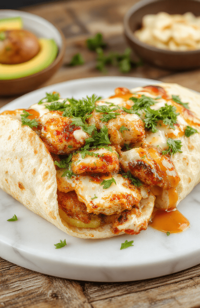 Bright plate of Easy Slow Cooker Greek Chicken Pitas: warm pita stuffed with tender oregano-lemon chicken, crisp cucumber and tomato salad, and a dollop of creamy tzatziki, topped with feta and fresh parsley; lemon wedges and olives on a rustic wooden board.