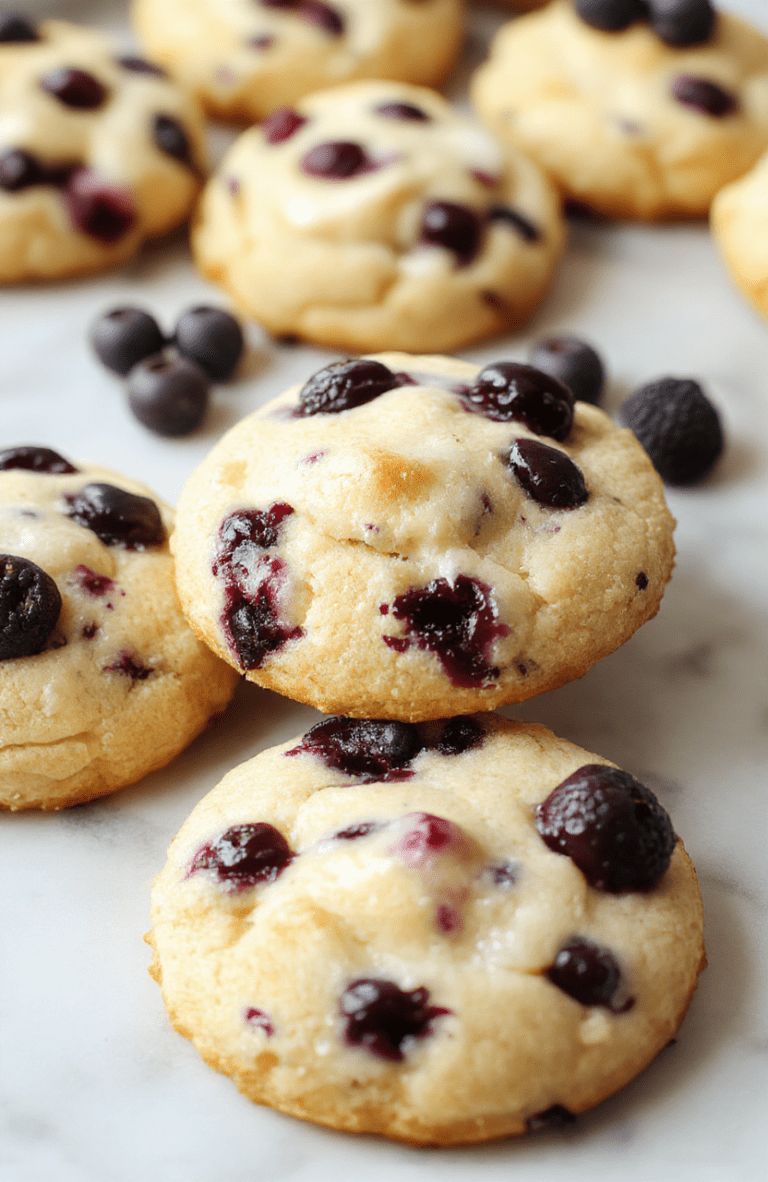 Close-up of soft blueberry cheesecake cookies on a light wooden board, with visible specks of lemon zest, a scattering of powdered sugar and fresh blueberries. The cookies show a creamy cheesecake center with a chewy edge, glistening blueberries, and a hint of lemon. Styling is warm and inviting, with natural daylight highlighting textures and colors.