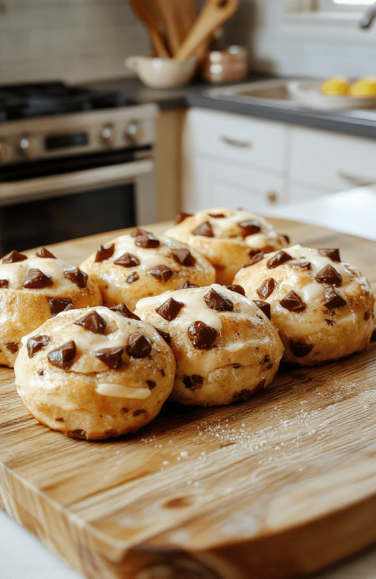 Three golden-brown, pillowy soft milk buns resting on a parchment-lined baking sheet, each studded with melty chocolate chips on top, dusted lightly with powdered sugar, on a rustic wooden board,自然 light, shallow depth of field, bottom third empty for text overlay.