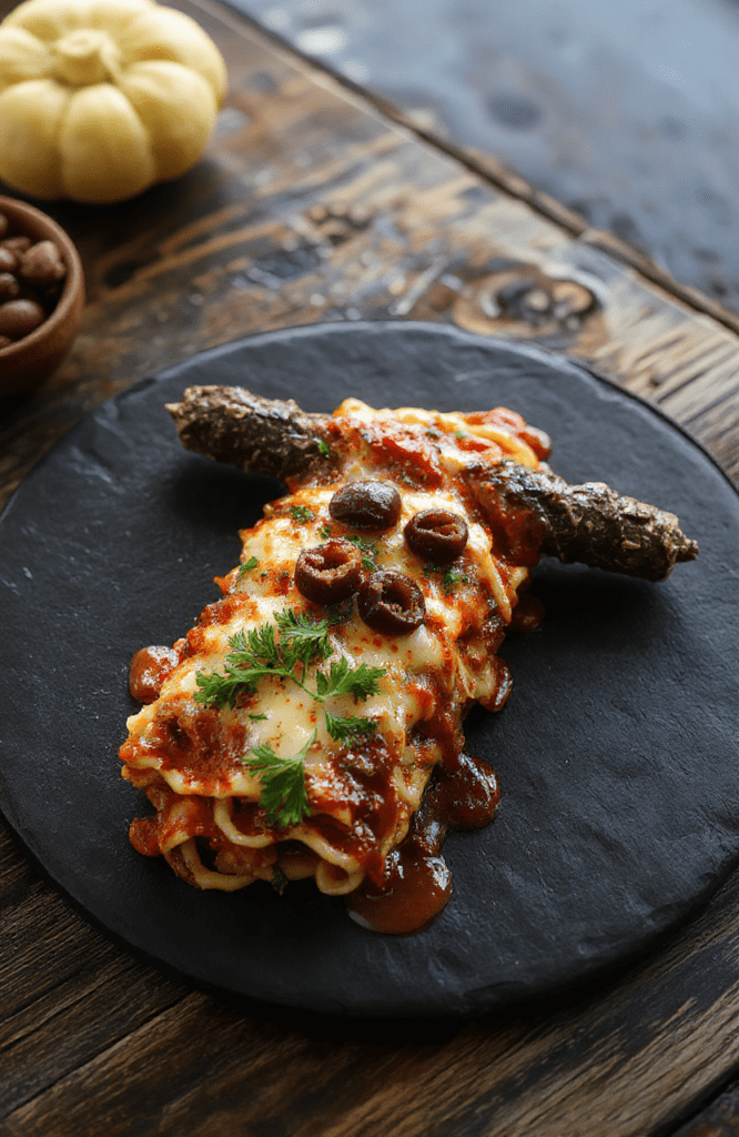 A dramatic plate of upside-down monster lasagna on a matte black plate, steam curling from gooey mozzarella and ricotta layers, tangled pasta peeking through bright red marinara. Green parsley and black olives provide a Halloween touch, set on a dark wooden table with moody lighting and a clean, modern presentation.