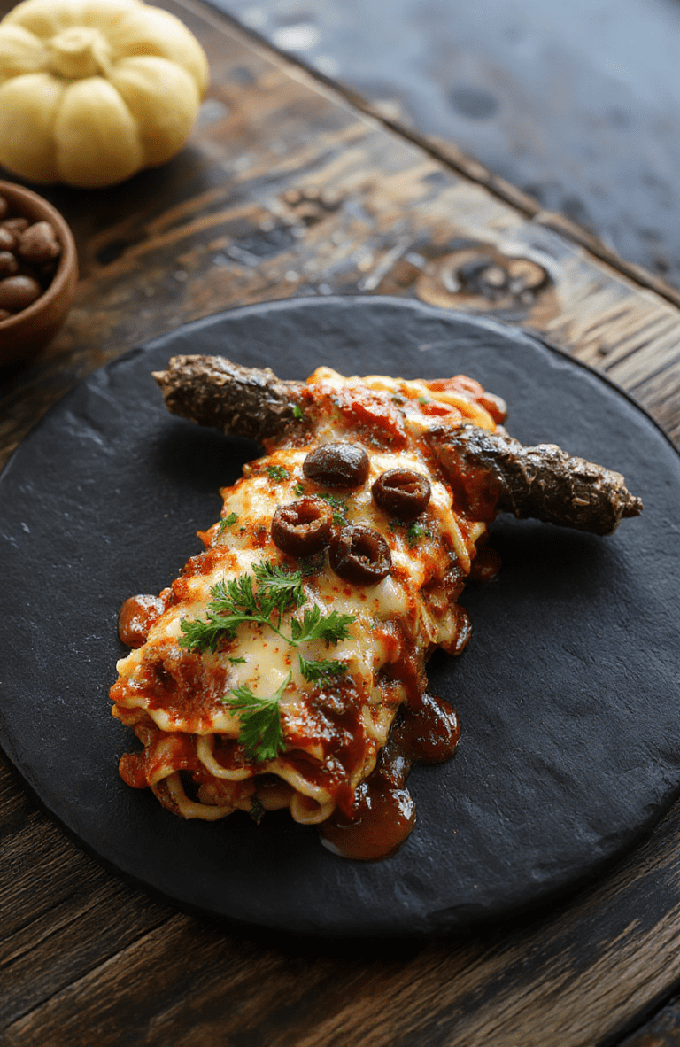 A dramatic plate of upside-down monster lasagna on a matte black plate, steam curling from gooey mozzarella and ricotta layers, tangled pasta peeking through bright red marinara. Green parsley and black olives provide a Halloween touch, set on a dark wooden table with moody lighting and a clean, modern presentation.