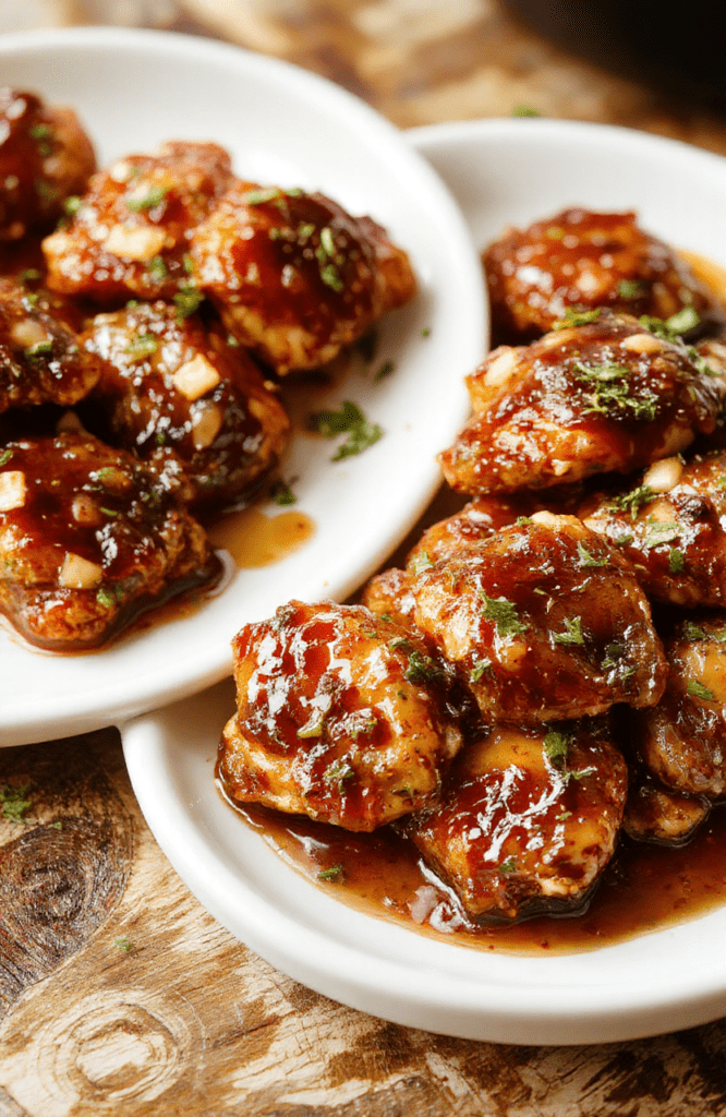 Golden-brown chicken pieces coated in a glossy amber honey garlic glaze, arranged on a clean white plate with sesame seeds and sliced green onions. A few broccoli florets peek in, surfaces glossy with sauce, and the rustic background adds warmth. Tender pieces and sticky glaze create an appealing textural contrast, captured with natural light.