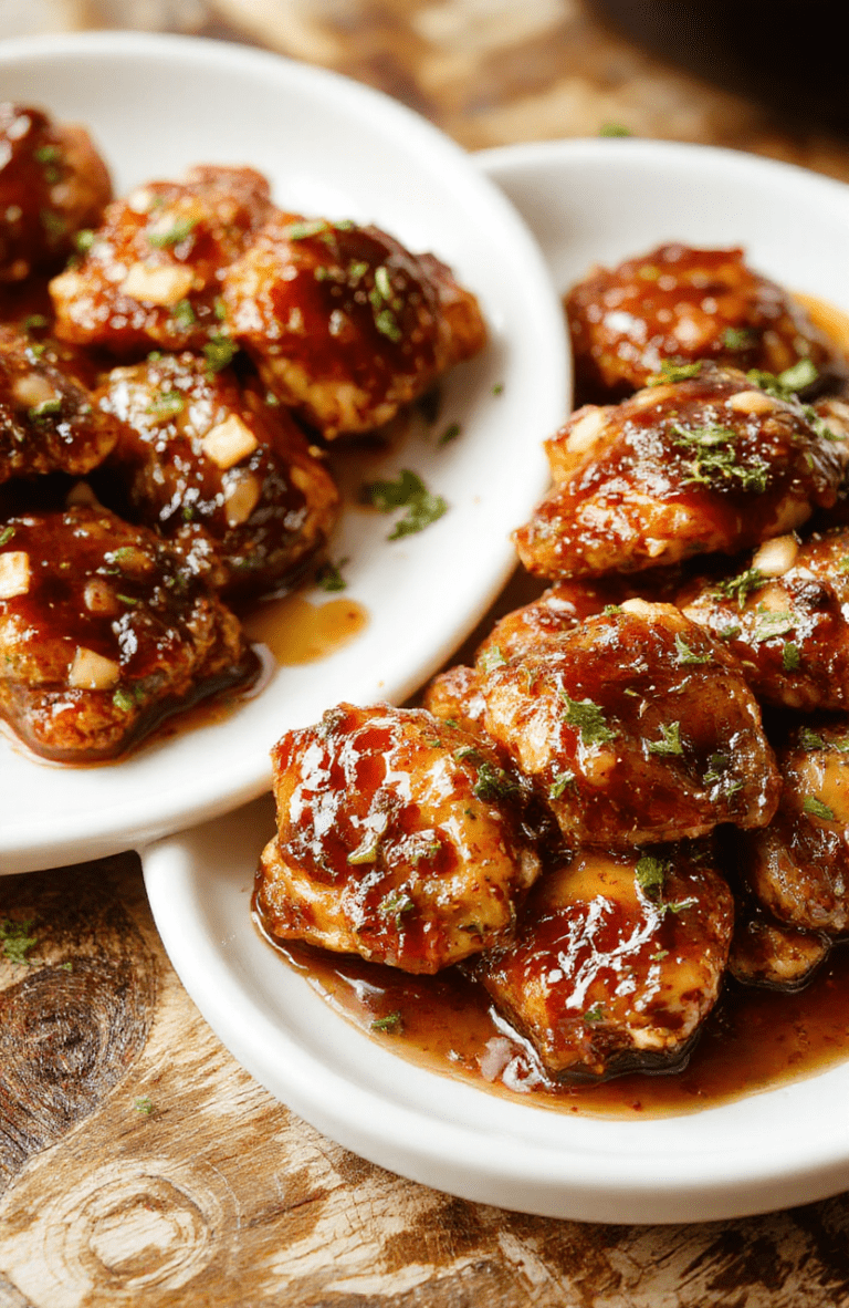 Golden-brown chicken pieces coated in a glossy amber honey garlic glaze, arranged on a clean white plate with sesame seeds and sliced green onions. A few broccoli florets peek in, surfaces glossy with sauce, and the rustic background adds warmth. Tender pieces and sticky glaze create an appealing textural contrast, captured with natural light.