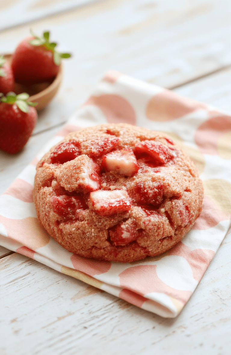 A plate of soft pink-speckled strawberry cookies sits on a pristine white plate, the cookies glossy with melted butter and strawberry bits. The scene includes a few fresh strawberries and a mint sprig for color on a light wooden table with natural daylight and soft shadows, styled simply for an inviting, home-baked look.