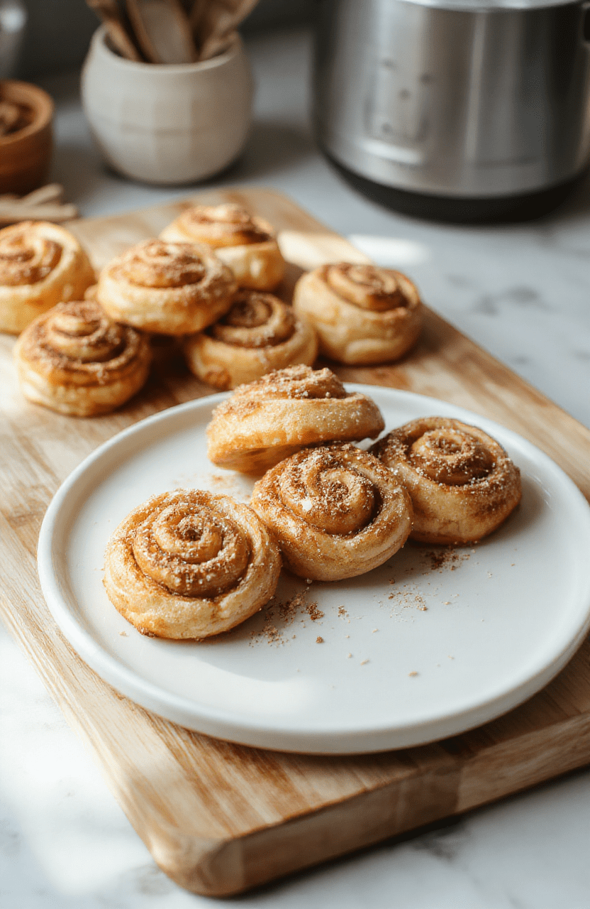 Golden flaky pastry spirals brushed with a light glaze sit on a white plate, dusted with cinnamon and powdered sugar. They rest on a warm wooden board, with a soft morning light highlighting the glossy sugar glaze and the delicate layers of pastry.