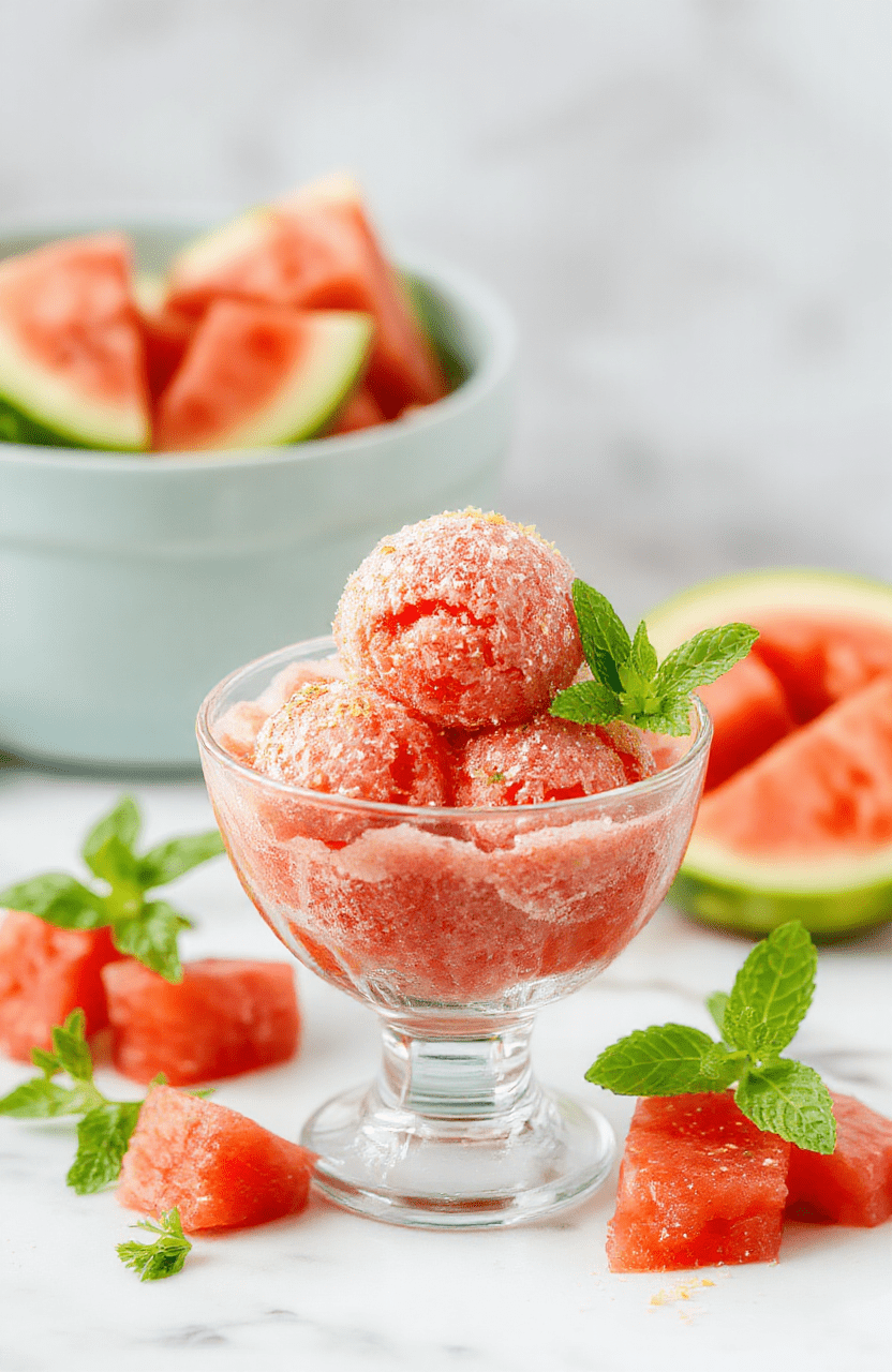 A scoop of bright pink watermelon sorbet in a clear glass bowl sits on a light wooden board, lemon zest dusted on top with a tiny mint leaf, watermelon chunks in the background, creating a fresh summer look.