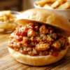 A glossy Cajun chicken sloppy joe tucked in a soft bun, bright red peppers and onions peeking out, a sprinkle of parsley, on a rustic wooden board with a drizzle of sauce and a light glossy finish.