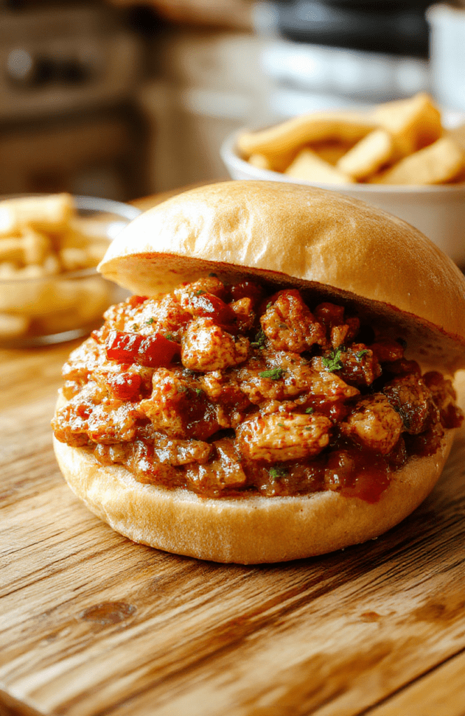 A glossy Cajun chicken sloppy joe tucked in a soft bun, bright red peppers and onions peeking out, a sprinkle of parsley, on a rustic wooden board with a drizzle of sauce and a light glossy finish.