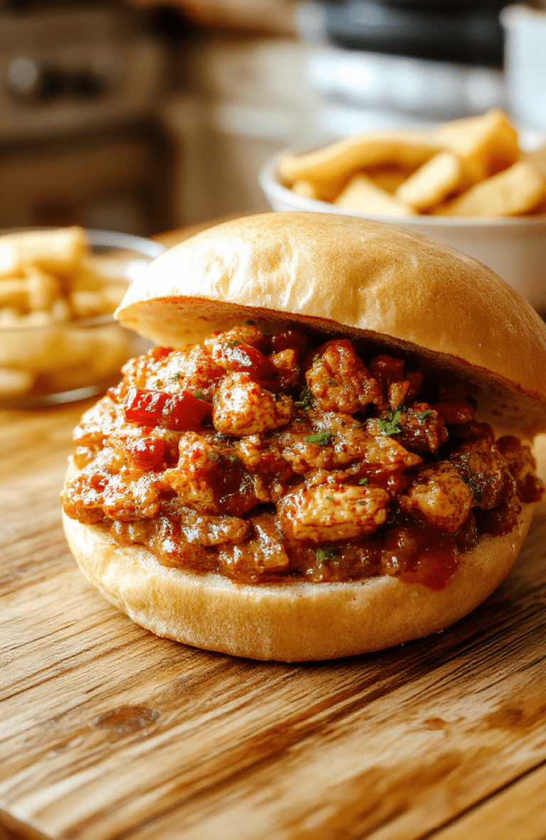 A glossy Cajun chicken sloppy joe tucked in a soft bun, bright red peppers and onions peeking out, a sprinkle of parsley, on a rustic wooden board with a drizzle of sauce and a light glossy finish.