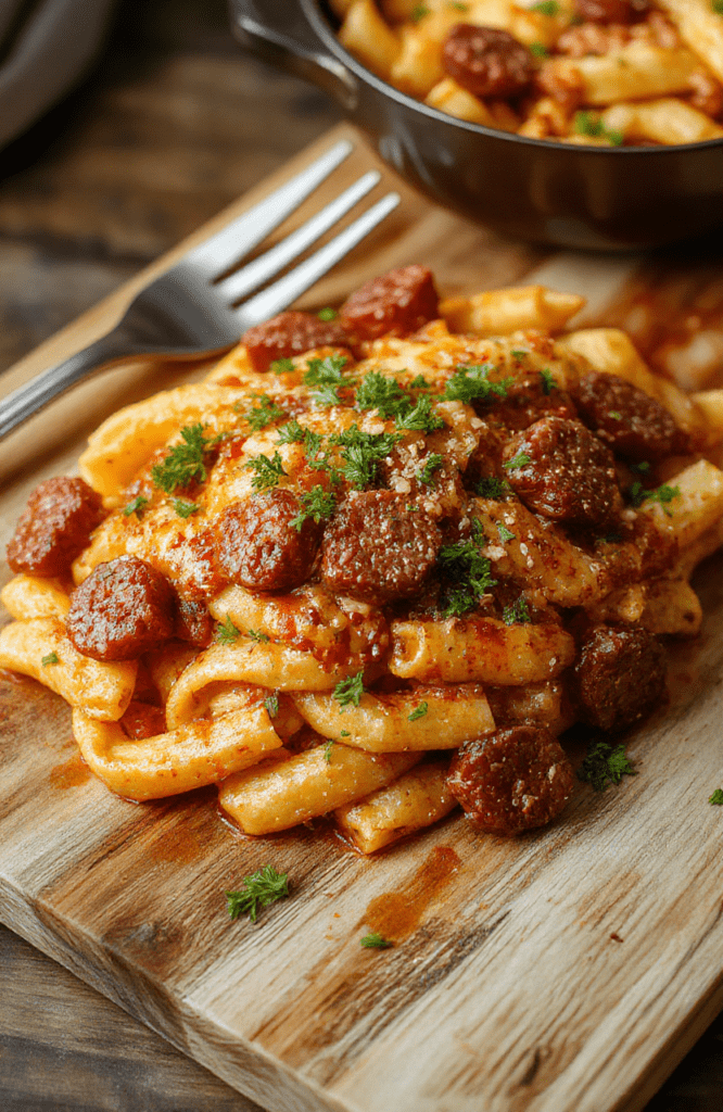 Zesty Cajun Sausage Pasta in a glossy tomato sauce with slices of smoky sausage, red and yellow peppers, and herbs, served in a deep skillet on a rustic wooden table with a sprinkle of parmesan and red pepper flakes.