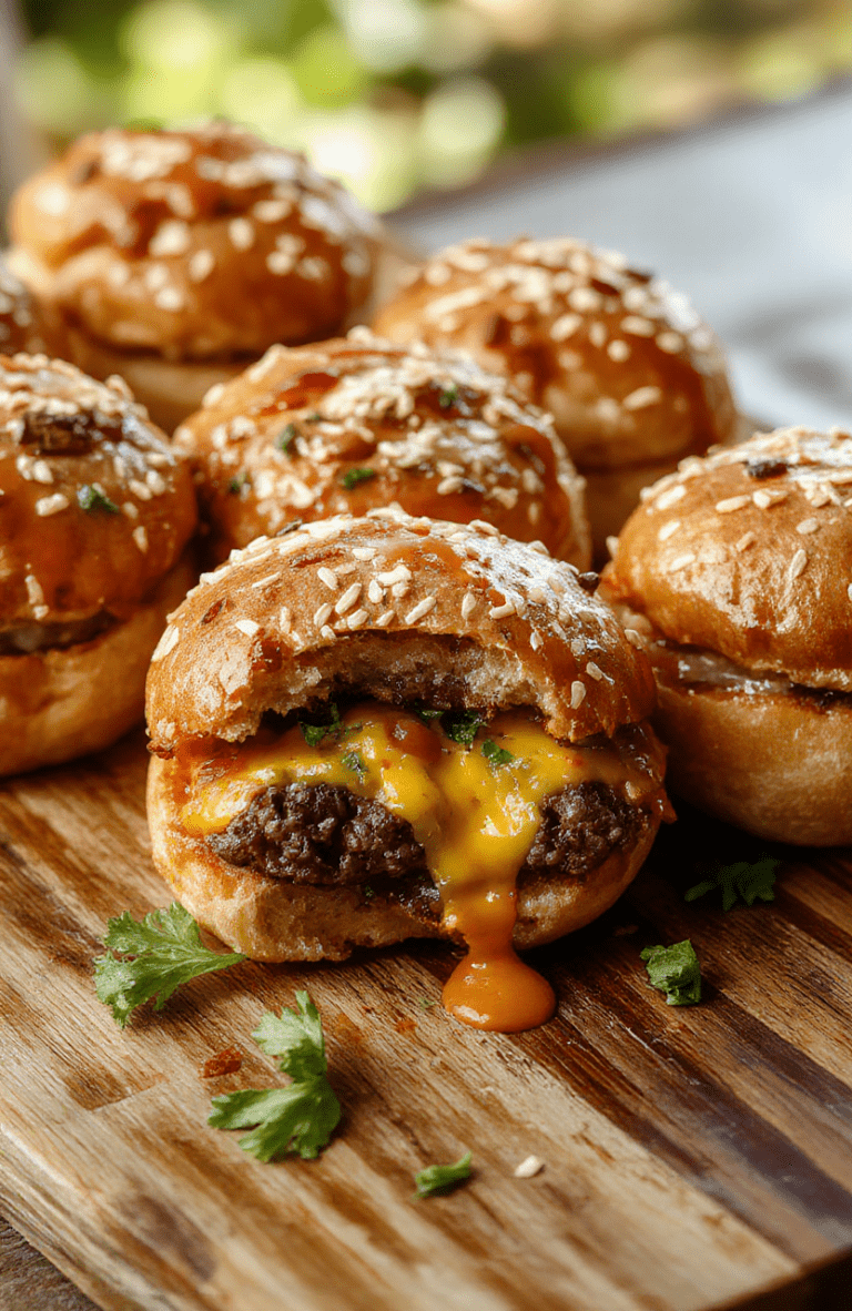 Golden-brown Zesty Cheeseburger Bombs plated on a wooden board with melted cheddar peeking out, sesame slider buns, fresh lettuce, and a dollop of ketchup, sprinkled with parsley for color, bright natural light, simple rustic plating.