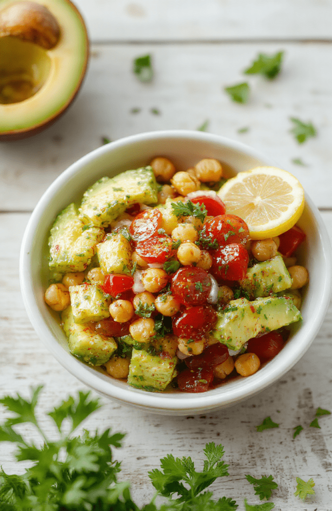A vibrant bowl of Zesty Chickpea Avocado Salad with creamy avocado chunks, soft chickpeas, red onion, and halved cherry tomatoes tossed in a bright lemon dressing. The dish is plated on a white plate with a drizzle of olive oil, fresh herbs, and a sprinkle of pepper, set on a light wooden table for a fresh, appetizing look.