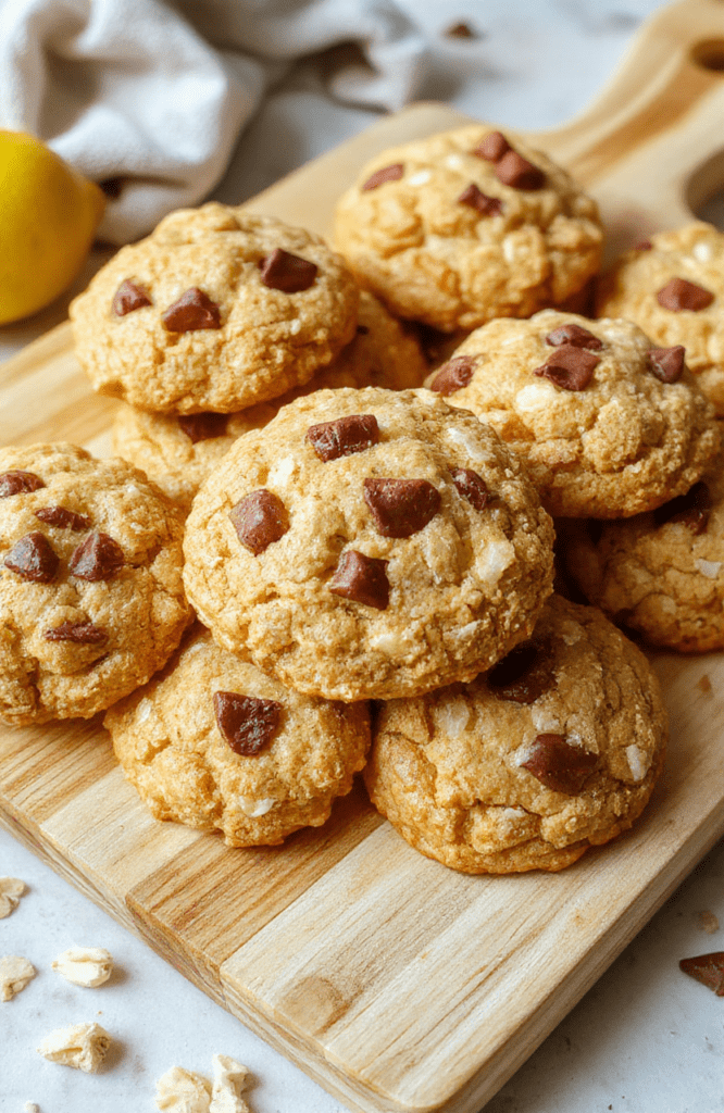 A plate of zesty lemon oatmeal no bake cookies on a white dish set on a light wooden board, lemon zest dusting and oats visible, with a fresh lemon wedge and a mint leaf in the background; bright natural light highlights the chewy texture and sunny color.