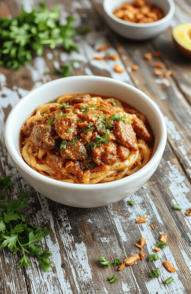 A white bowl holds glossy beef noodles tossed in a dark, spicy sauce, with tender beef strips, bright yellow noodles, red chili slices, and chopped green onions. Sesame seeds speckle the top, cilantro leaves add a pop of green, all arranged on a warm wooden table with a light backdrop.