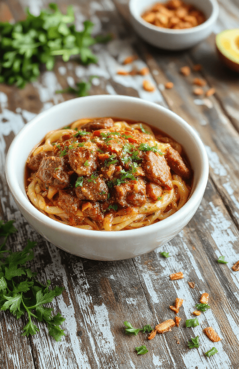 A white bowl holds glossy beef noodles tossed in a dark, spicy sauce, with tender beef strips, bright yellow noodles, red chili slices, and chopped green onions. Sesame seeds speckle the top, cilantro leaves add a pop of green, all arranged on a warm wooden table with a light backdrop.