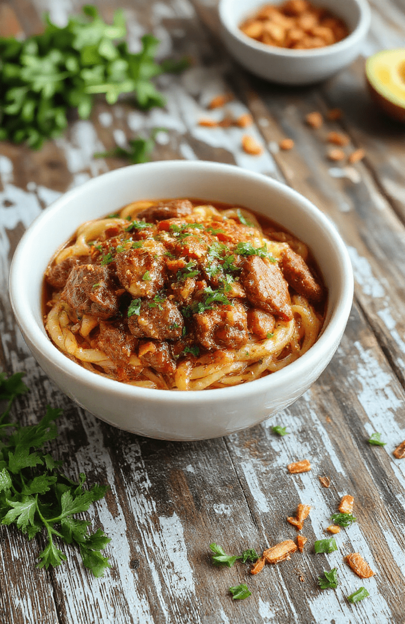 A white bowl holds glossy beef noodles tossed in a dark, spicy sauce, with tender beef strips, bright yellow noodles, red chili slices, and chopped green onions. Sesame seeds speckle the top, cilantro leaves add a pop of green, all arranged on a warm wooden table with a light backdrop.