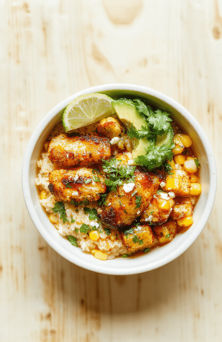 A colorful bowl featuring charred chicken pieces, street corn kernels tossed with lime and cotija, fluffy cilantro-lime rice, avocado slices, black beans, and pico de gallo, finished with fresh cilantro and a lime wedge on a rustic wooden table.